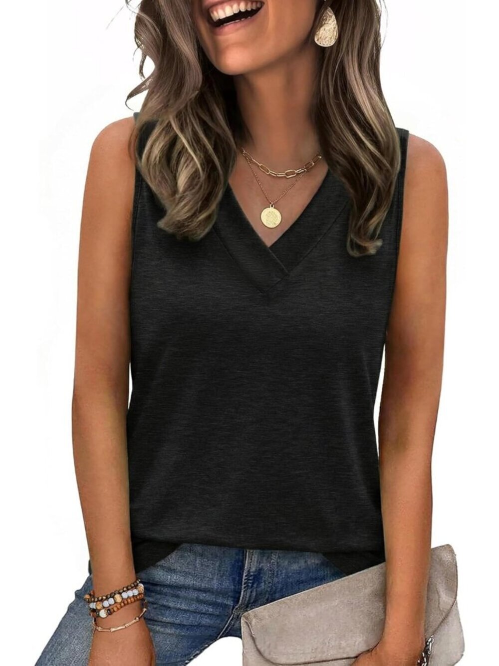 Women's Spring Summer V Neck Black Loose Fit Sleeveless Tops Beach Vacation